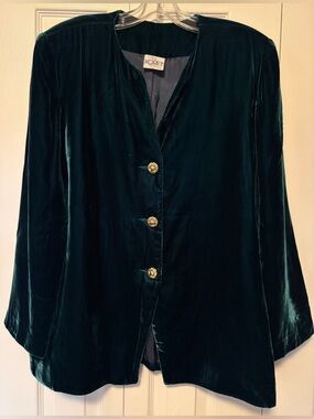 Vintage Koret Emerald Green Crushed Velvet Blazer Gold Button Jacket Size 14
